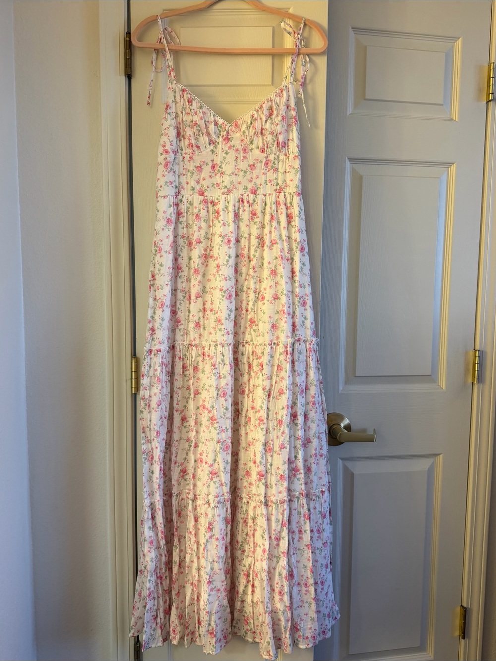 Altar'd State White Maxi Dress with Pink Floral Tie Straps